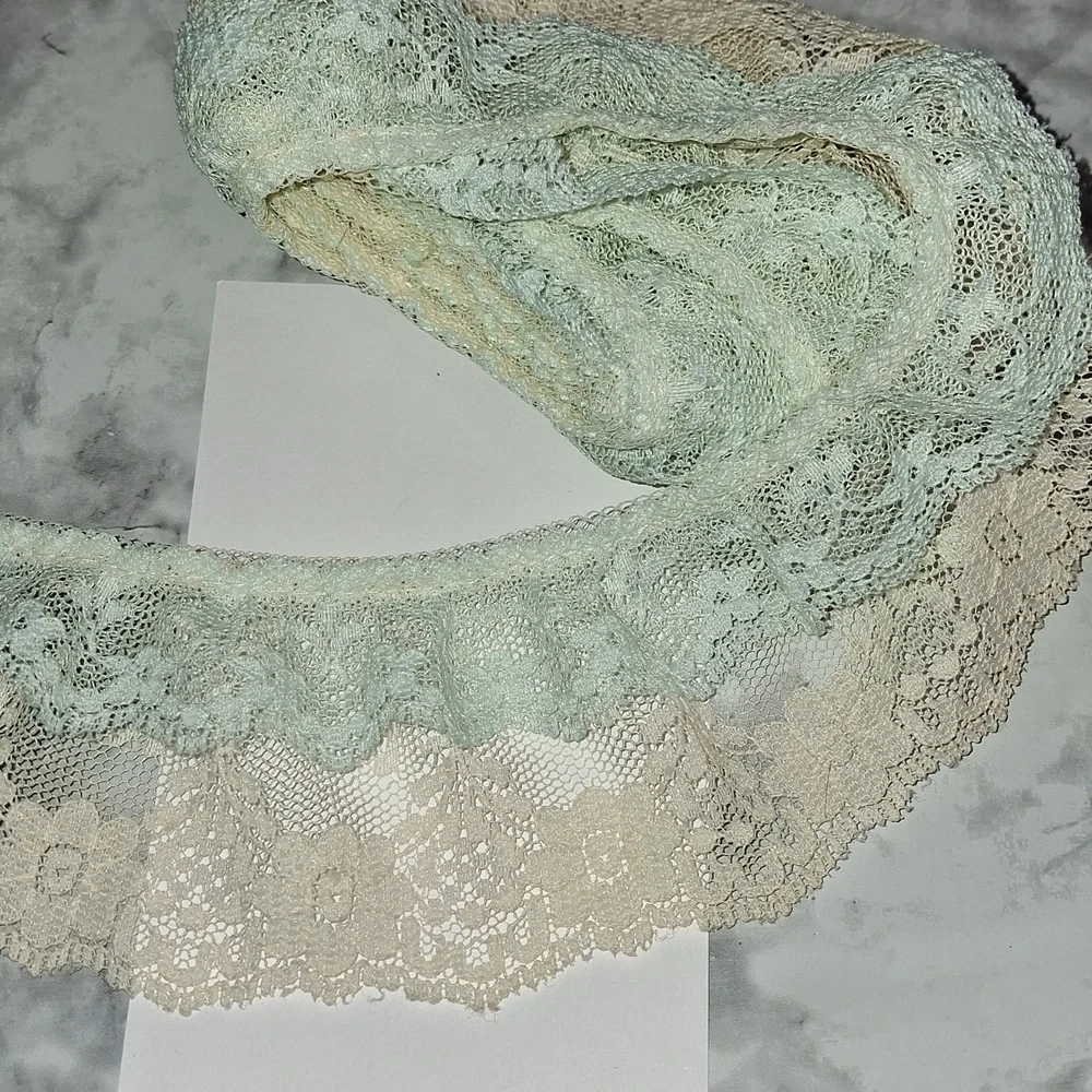RUFFLED LACE #718 - Double Layer Pastel Green Ecru Cream 1 1/2 yds - 2 3/8